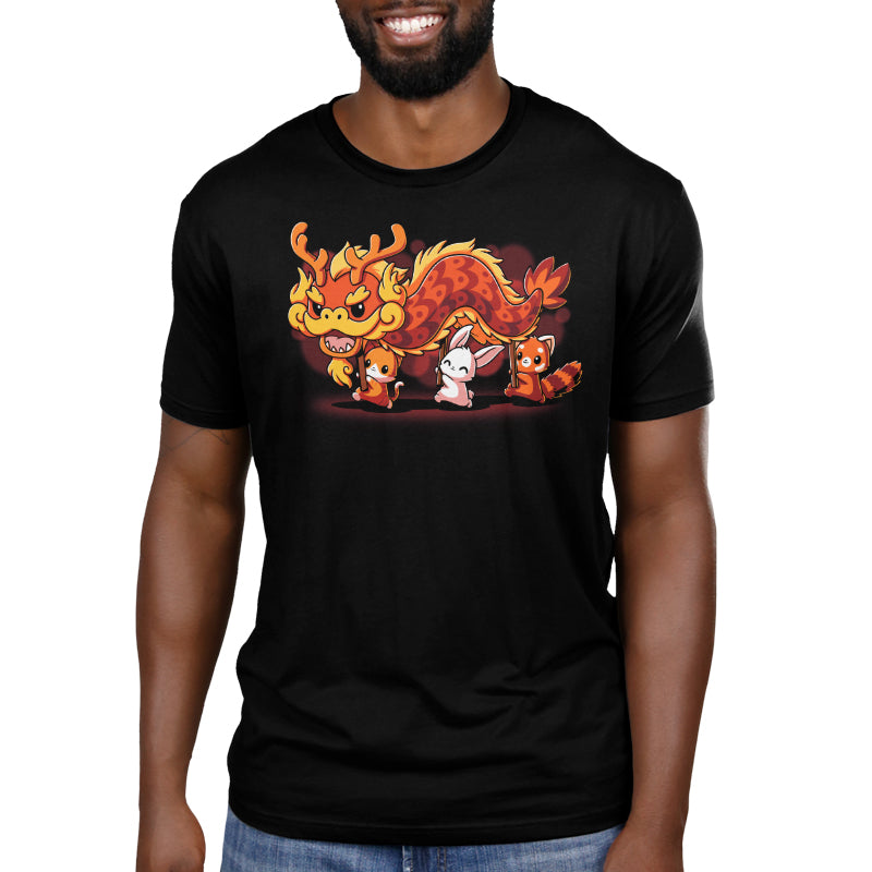 Premium Cotton T-shirt_TeeTurtle black The Dragon Dance. Featuring a cat, bunny, and red panda performing a lunar new year dragon dance.