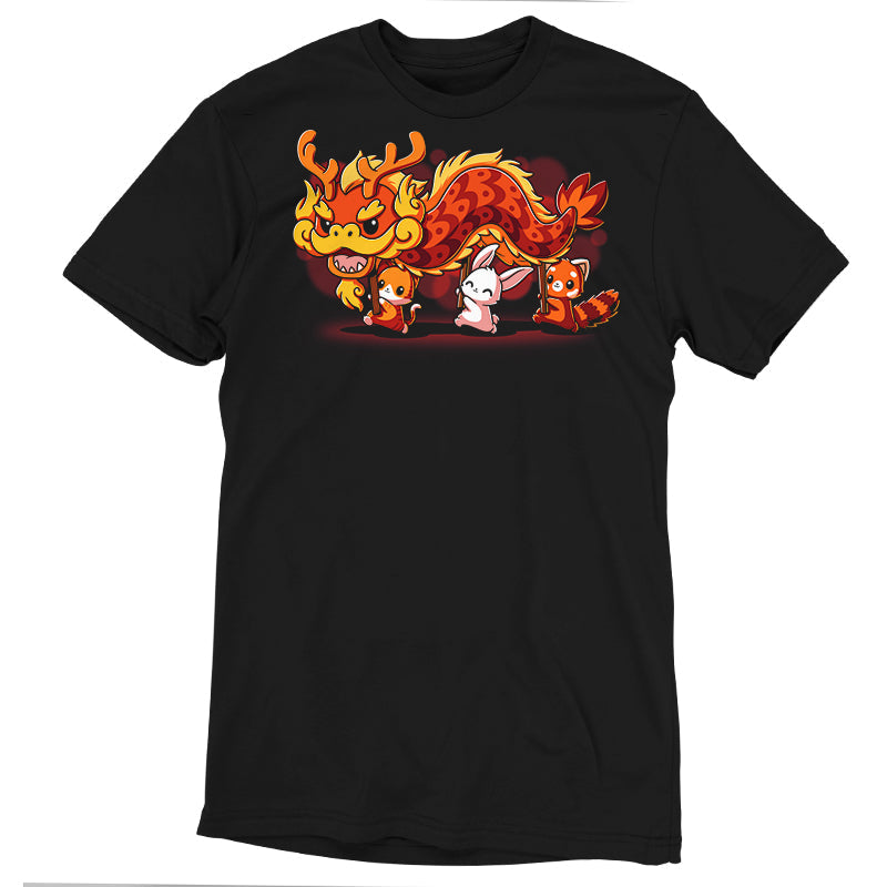 Premium Cotton T-shirt_TeeTurtle black The Dragon Dance. Featuring a cat, bunny, and red panda performing a lunar new year dragon dance.