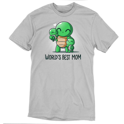 Premium Cotton T-shirt_TeeTurtle World's Best Mom Silver Gray t-shirt featuring cartoon turtle mom holding one baby turtle and hugging another with the text "World's Best Mom apparel" below them. A small heart floats near her head. 