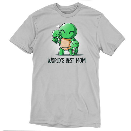 Premium Cotton T-shirt_TeeTurtle World's Best Mom Silver Gray t-shirt featuring cartoon turtle mom holding one baby turtle and hugging another with the text 