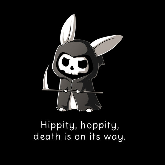 Premium Cotton T-shirt_Teeturtle Grim Bunny (Glow) Black Featuring a hooded, Grim Reaper-looking bunny with a skull face and a scythe with 'Hippity, hoppity, death is on its way.' written beneath.