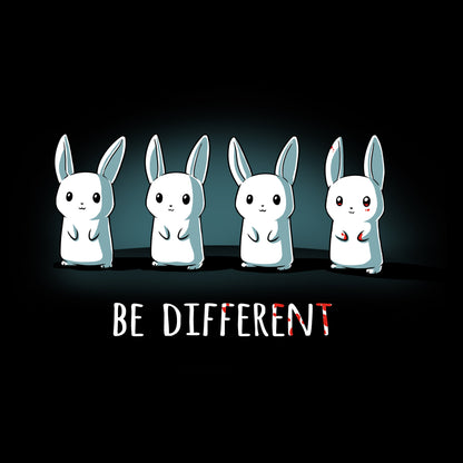 Premium Cotton T-shirt_Teeturtle Be Different (Glow) Black Featuring Four Cute White Bunnies, one with red eyes and a bit of blood on its paws with 'Be Different' written beneath with some of the letters spattered with blood.