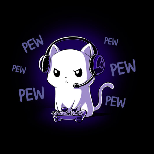 Premium Cotton T-shirt_TeeTurtle Pew Pew Kitty (Glow) black t-shirt featuring a white cat looking angry wearing a headset and holding a controller gaming surrounded by the word 