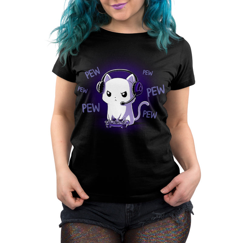 Premium Cotton T-shirt_TeeTurtle Pew Pew Kitty (Glow) black t-shirt featuring a white cat looking angry wearing a headset and holding a controller gaming surrounded by the word "pew."