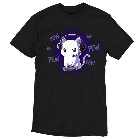 Premium Cotton T-shirt_TeeTurtle Pew Pew Kitty (Glow) black t-shirt featuring a white cat looking angry wearing a headset and holding a controller gaming surrounded by the word 