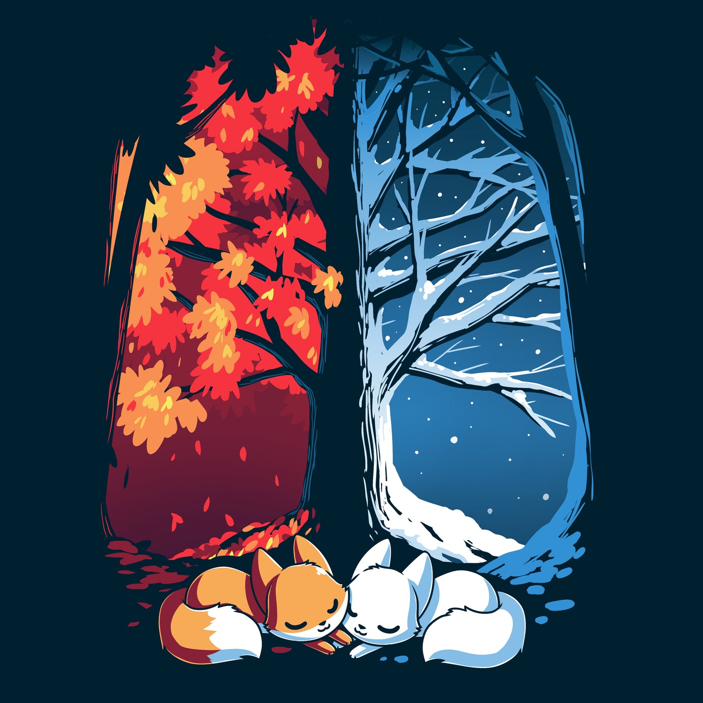 Premium Cotton T-shirt - Two navy blue Fall & Winter Foxes sleeping under a TeeTurtle original designed tree.