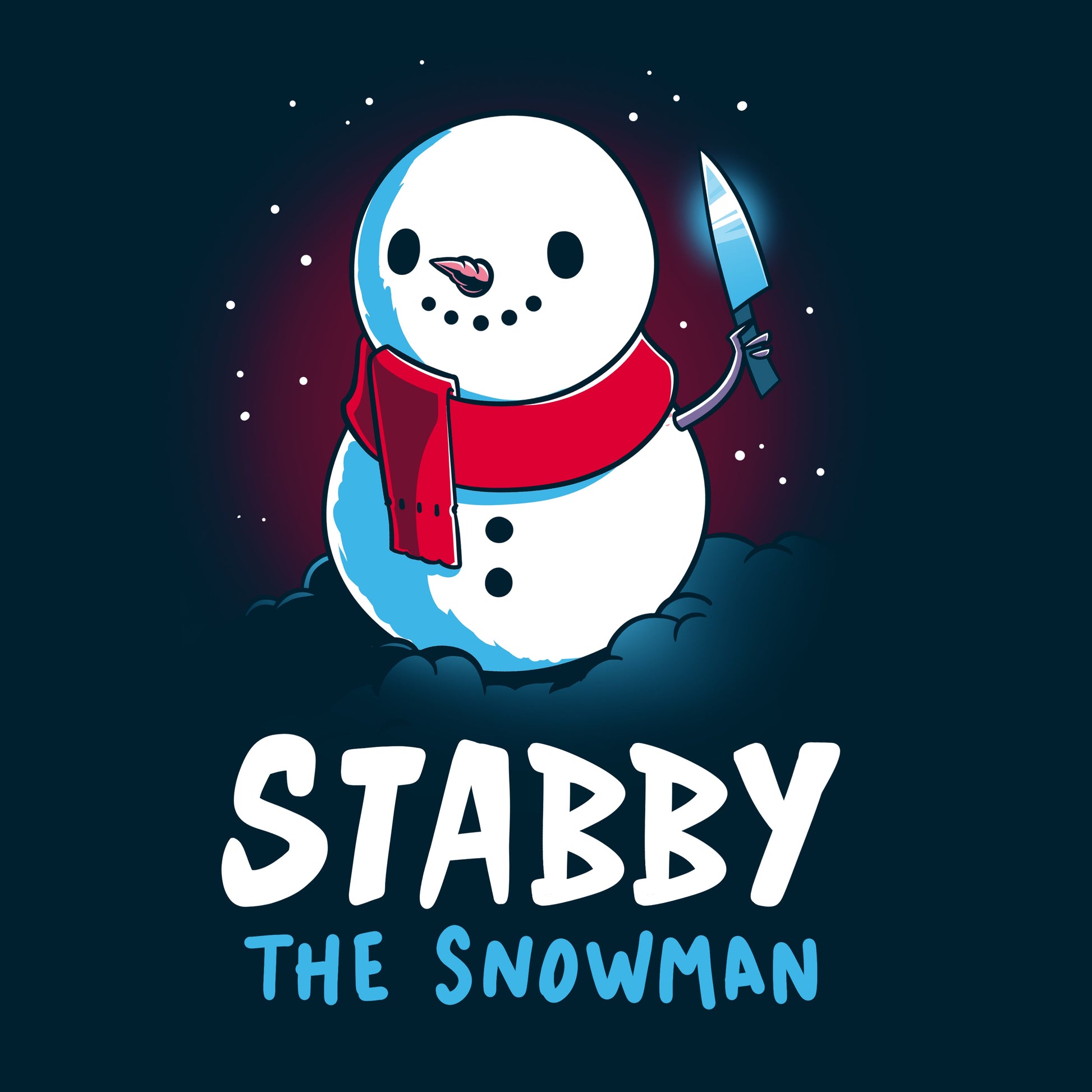 Premium Cotton T-shirt_TeeTurtle Stabby the Snowman navy blue t-shirt featuring a smiling snowman with a red scarf holding up a knife