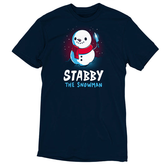 Premium Cotton T-shirt_TeeTurtle Stabby the Snowman navy blue t-shirt featuring a smiling snowman with a red scarf holding up a knife