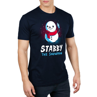 Premium Cotton T-shirt_TeeTurtle Stabby the Snowman navy blue t-shirt featuring a smiling snowman with a red scarf holding up a knife