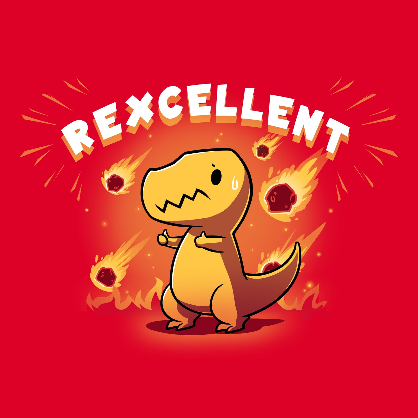 Premium Cotton T-shirt_Teeturtle Rexcellent Garnet Featuring a cute cartoon T-Rex giving the thumbs up as meteorites fall behind them with 'Rexcellent' written above.