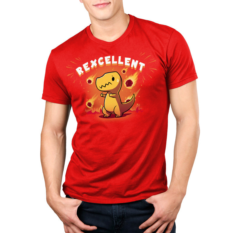 Premium Cotton T-shirt_Teeturtle Rexcellent Garnet Featuring a cute cartoon T-Rex giving the thumbs up as meteorites fall behind them with 'Rexcellent' written above.