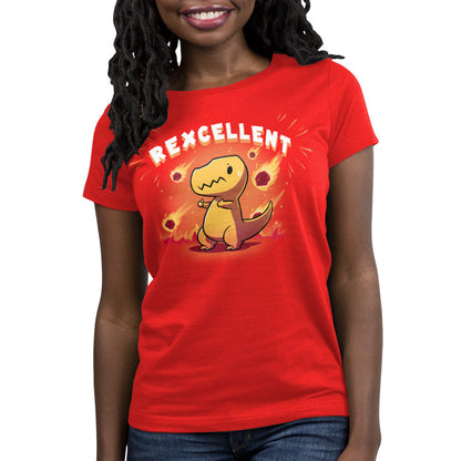 Premium Cotton T-shirt_Teeturtle Rexcellent Garnet Featuring a cute cartoon T-Rex giving the thumbs up as meteorites fall behind them with 'Rexcellent' written above.