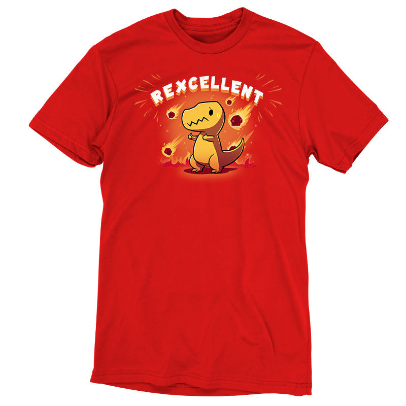 Premium Cotton T-shirt_Teeturtle Rexcellent Garnet Featuring a cute cartoon T-Rex giving the thumbs up as meteorites fall behind them with 'Rexcellent' written above.