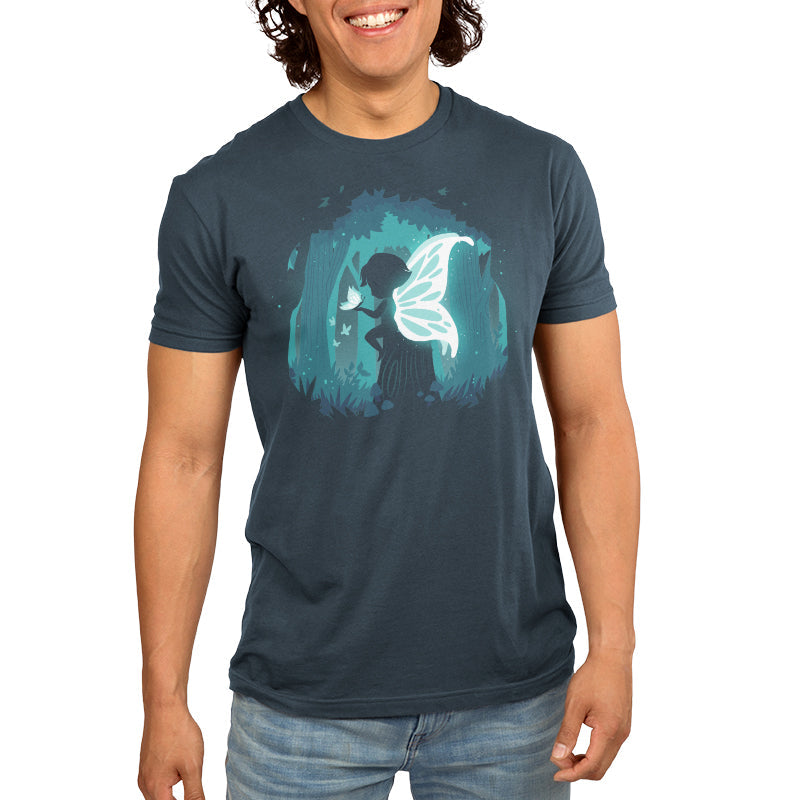 Premium Cotton T-shirt_Teeturtle Forest Fairy navy blue t-shirt Featuring a silhouetted fairy with luminous wings in a mystical forest holding a butterfly.