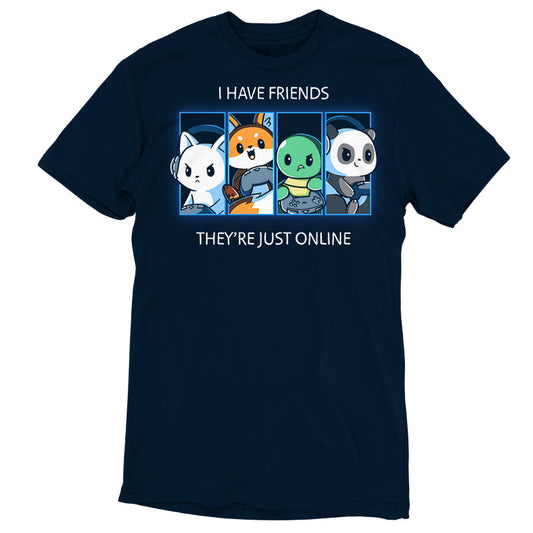 Premium Cotton T-shirt_TeeTurtle Online Friends navy blue t-shirt featuring a bunny, fox, turtle and panda gaming against each other in four separate squares. 