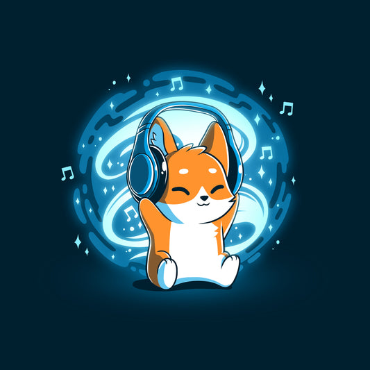 Premium Cotton T-shirt_TeeTurtle Surrounded by Music GLOW navy blue t-shirt featuring a fox wearing headphones sounded by music notes and a glowing orb.