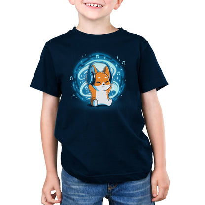 Premium Cotton T-shirt_TeeTurtle Surrounded by Music GLOW navy blue t-shirt featuring a fox wearing headphones sounded by music notes and a glowing orb.