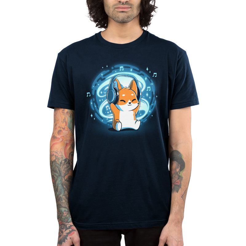 Premium Cotton T-shirt_TeeTurtle Surrounded by Music GLOW navy blue t-shirt featuring a fox wearing headphones sounded by music notes and a glowing orb.