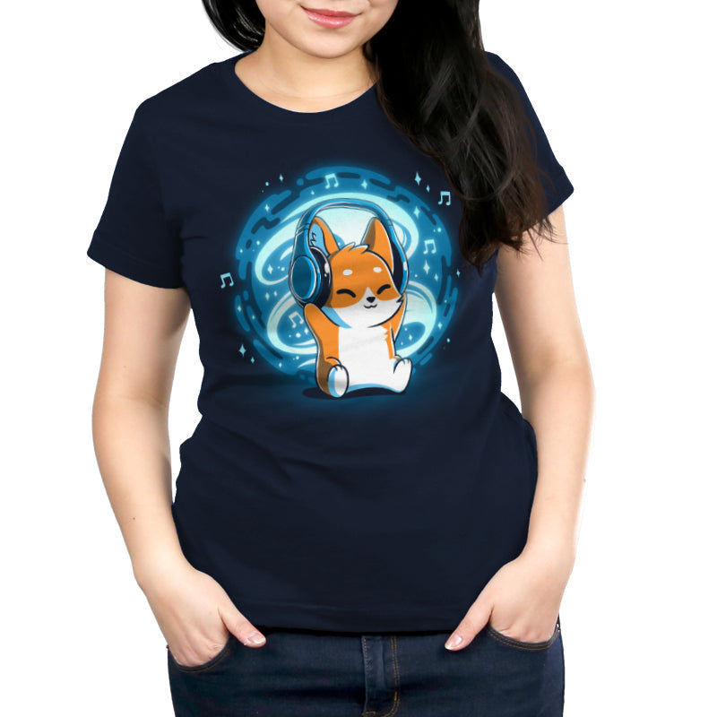 Premium Cotton T-shirt_TeeTurtle Surrounded by Music GLOW navy blue t-shirt featuring a fox wearing headphones sounded by music notes and a glowing orb.