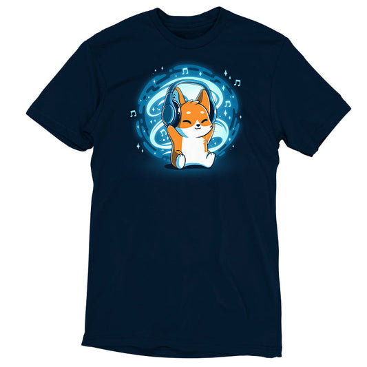 Premium Cotton T-shirt_TeeTurtle Surrounded by Music GLOW navy blue t-shirt featuring a fox wearing headphones sounded by music notes and a glowing orb.