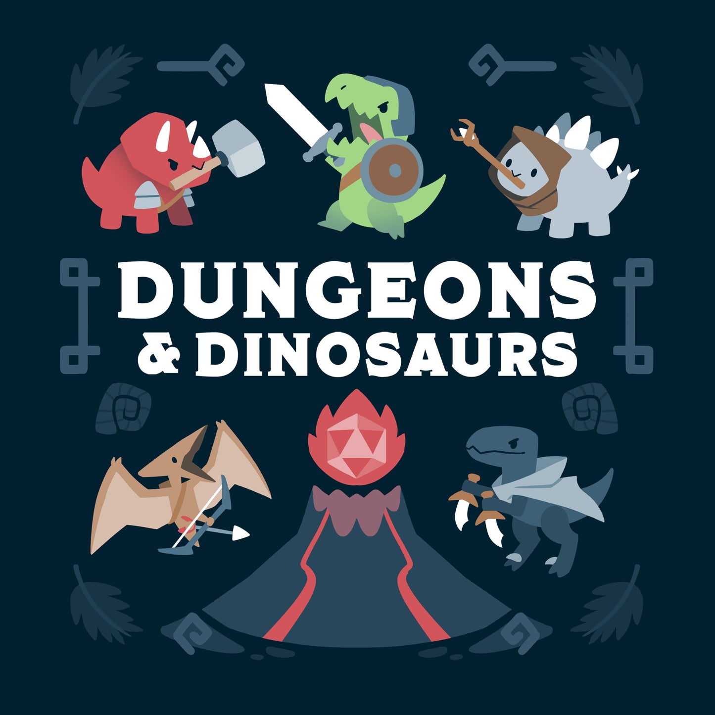 Premium Cotton T-shirt_TeeTurtle Dungeons & Dinosaurs navy blue t-shirt featuring an illustration of a  volcano erupting surrounded by numerous cartoon dinosaurs holding weapons. 