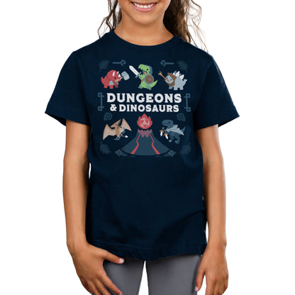 Premium Cotton T-shirt_TeeTurtle Dungeons & Dinosaurs navy blue t-shirt featuring an illustration of a  volcano erupting surrounded by numerous cartoon dinosaurs holding weapons. 