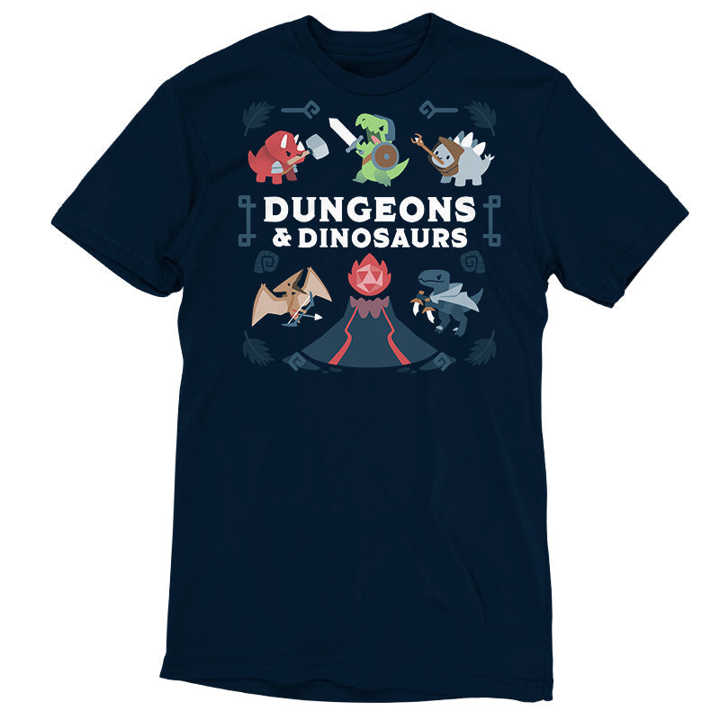 Premium Cotton T-shirt_TeeTurtle Dungeons & Dinosaurs navy blue t-shirt featuring an illustration of a  volcano erupting surrounded by numerous cartoon dinosaurs holding weapons. 