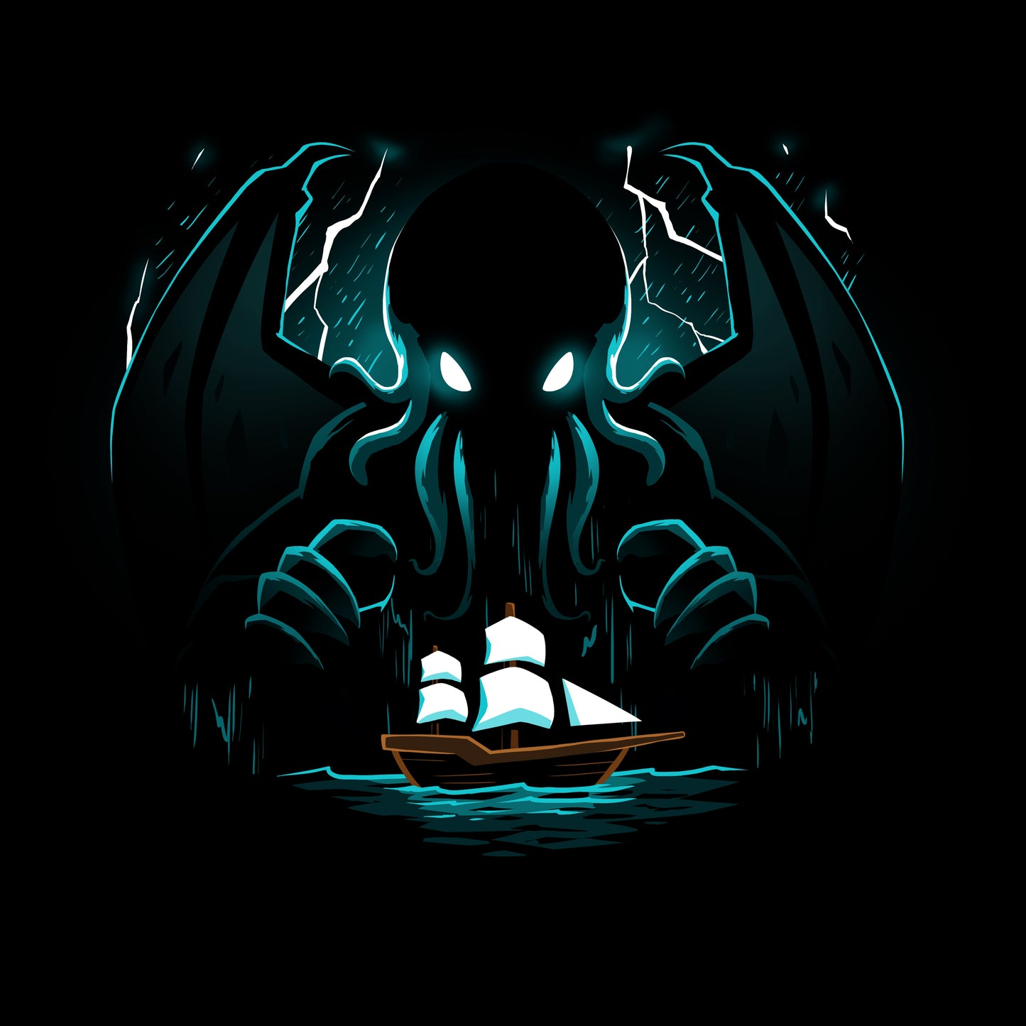 Premium Cotton T-shirt_TeeTurtle Epic Cthulhu black t-shirt featuring the fictional cosmic creature Cthulhu hovering over a brown ship with whites sails in the  in the stormy, dark sea.