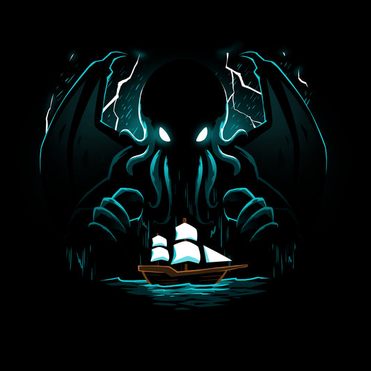 Premium Cotton T-shirt_TeeTurtle Epic Cthulhu black t-shirt featuring the fictional cosmic creature Cthulhu hovering over a brown ship with whites sails in the  in the stormy, dark sea.