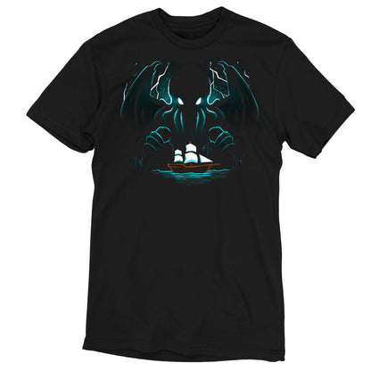 Premium Cotton T-shirt_TeeTurtle Epic Cthulhu black t-shirt featuring the fictional cosmic creature Cthulhu hovering over a brown ship with whites sails in the  in the stormy, dark sea.