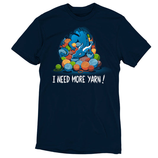 Premium Cotton T-shirt_TeeTurtle Yarn Hoarder navy blue t-shirt featuring a blue dragon sitting on top of a pile of multi-colored yarn balls. The words 