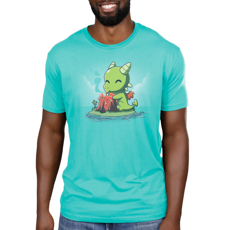 Premium Cotton T-shirt_TeeTurtle Magma Milkshake Caribbean blue t-shirt featuring an illustration of a green dragon sitting on a small island contently drinking lava from a volcano with a straw.