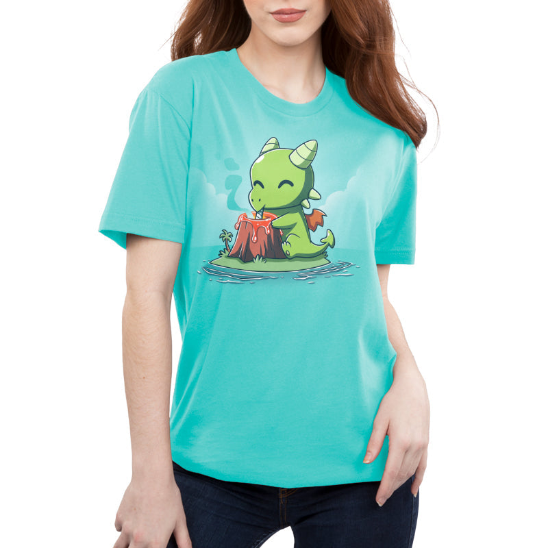 Premium Cotton T-shirt_TeeTurtle Magma Milkshake Caribbean blue t-shirt featuring an illustration of a green dragon sitting on a small island contently drinking lava from a volcano with a straw.