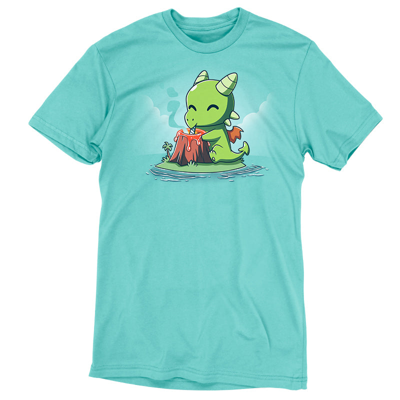 Premium Cotton T-shirt_TeeTurtle Magma Milkshake Caribbean blue t-shirt featuring an illustration of a green dragon sitting on a small island contently drinking lava from a volcano with a straw.