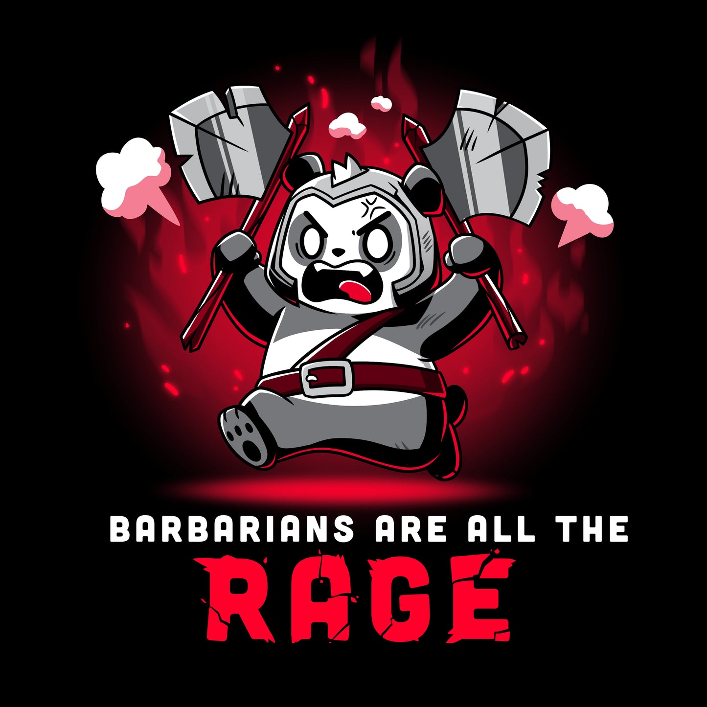 Premium Cotton T-shirt_TeeTurtle Barbarians are All the Rage black t-shirt featuring an angry panda wearing armor and holding axes in both hands with its arms raised high against a fiery red and black gradient background that resembles flames. "BARBARIANS ARE ALL THE RAGE" is written underneath.