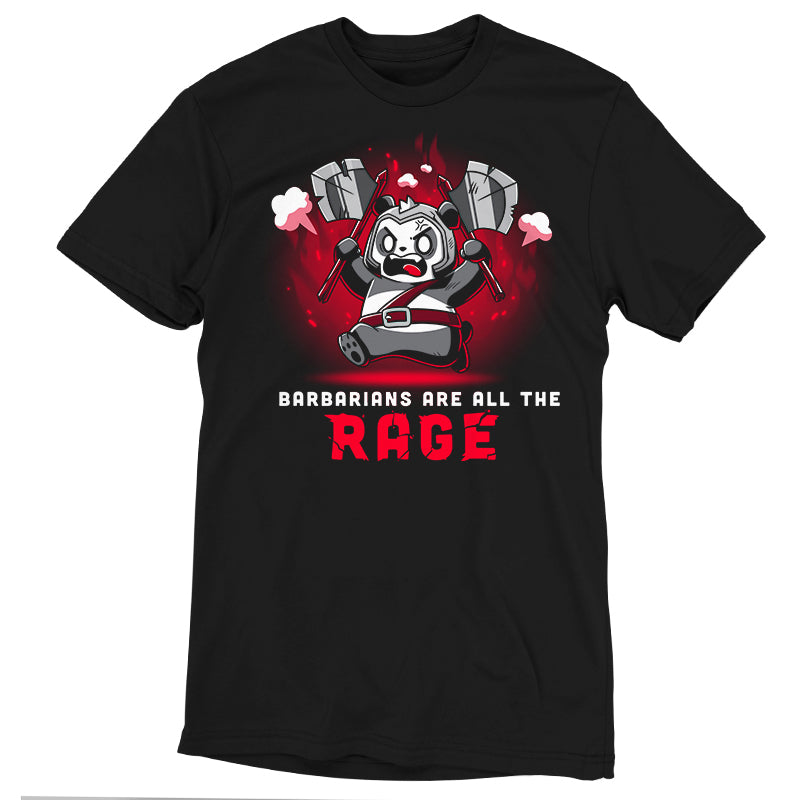 Premium Cotton T-shirt_TeeTurtle Barbarians are All the Rage black t-shirt featuring an angry panda wearing armor and holding axes in both hands with its arms raised high against a fiery red and black gradient background that resembles flames. "BARBARIANS ARE ALL THE RAGE" is written underneath.