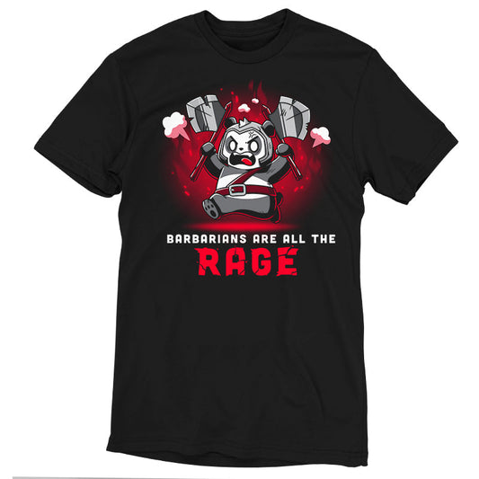 Premium Cotton T-shirt_TeeTurtle Barbarians are All the Rage black t-shirt featuring an angry panda wearing armor and holding axes in both hands with its arms raised high against a fiery red and black gradient background that resembles flames. 