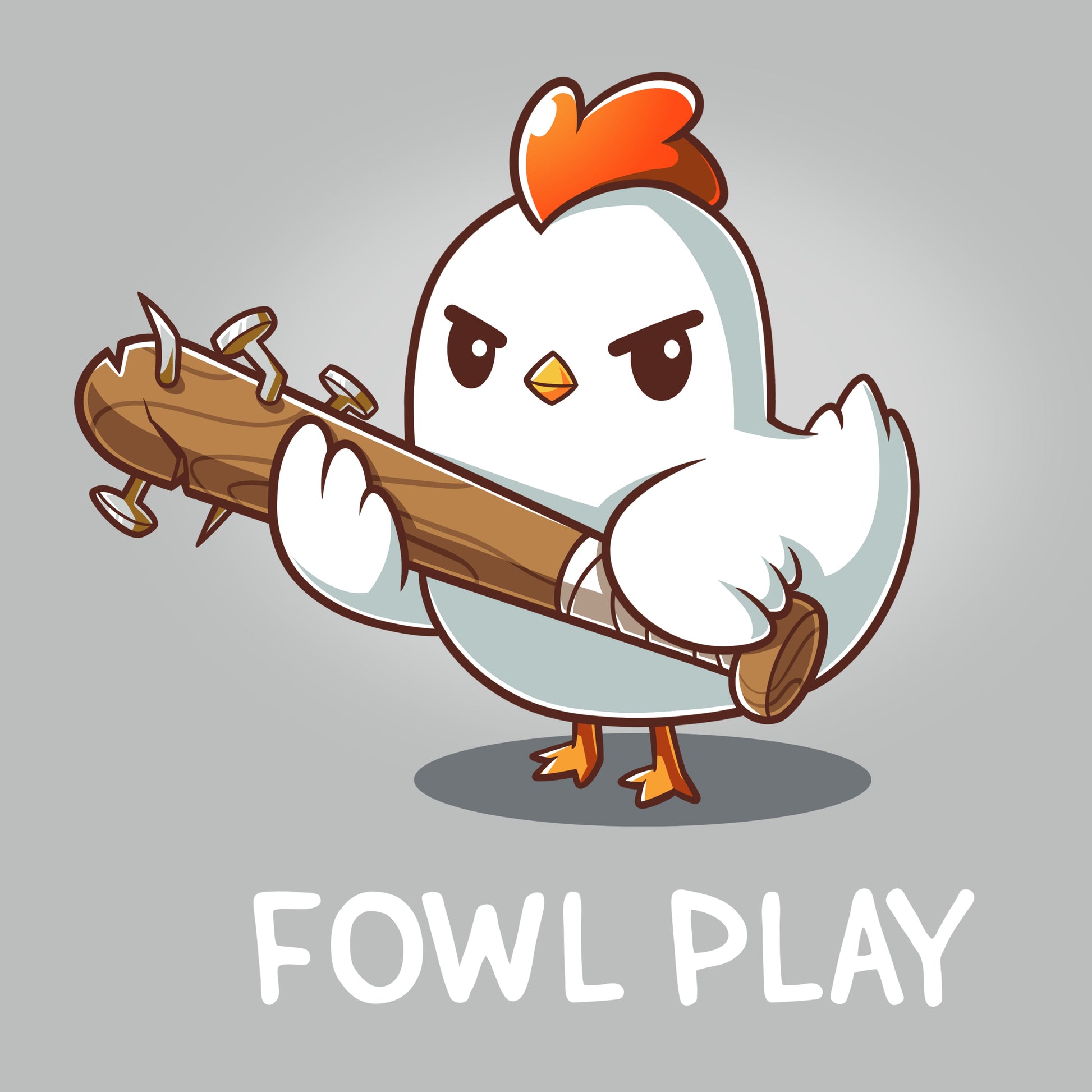 Premium Cotton T-shirt_TeeTurtle Fowl Play silver gray t-shirt featuring a white chicken looking devious holding a brown baseball bat with nails protruding from the end. "FOWL PLAY" is written below.