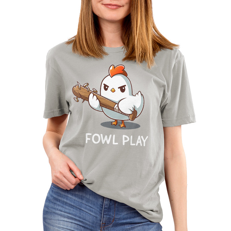 Premium Cotton T-shirt_TeeTurtle Fowl Play silver gray t-shirt featuring a white chicken looking devious holding a brown baseball bat with nails protruding from the end. "FOWL PLAY" is written below.