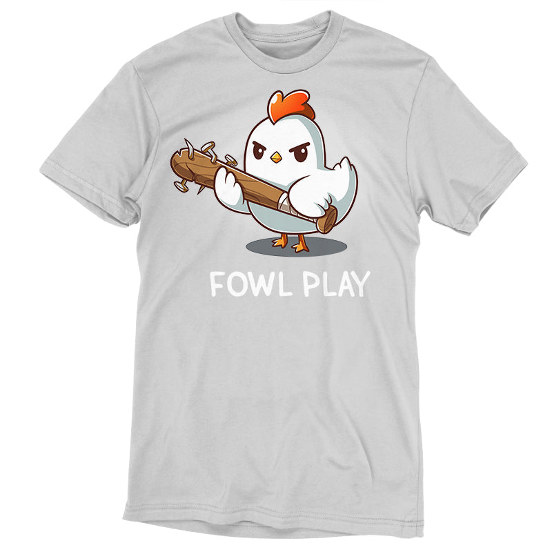 Premium Cotton T-shirt_TeeTurtle Fowl Play silver gray t-shirt featuring a white chicken looking devious holding a brown baseball bat with nails protruding from the end. "FOWL PLAY" is written below.