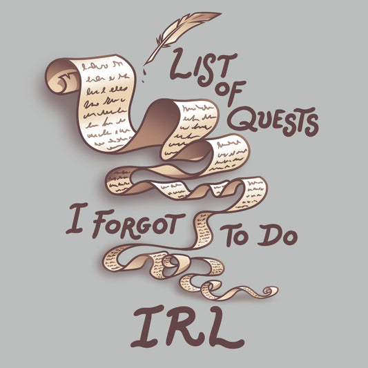 Premium Cotton T-shirt_TeeTurtle Unfinished Quests silver gray t-shirt featuring a long, brownish-tan scroll with script like text giving it a vintage look and a feather quill pen in the top right. 