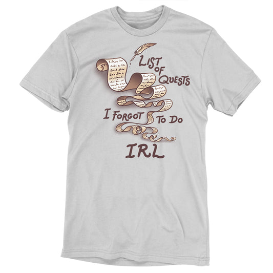 Premium Cotton T-shirt_TeeTurtle Unfinished Quests silver gray t-shirt featuring a long, brownish-tan scroll with script like text giving it a vintage look and a feather quill pen in the top right. 