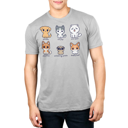 Premium Cotton T-shirt_TeeTurtle Dog Names silver gray t-shirt featuring six cartoon dogs with their names written underneath. The names are "blondie, ice pup, mini bear, pup fren, screaming potato, and toasty loaf."