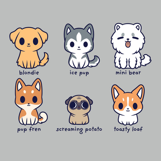 Premium Cotton T-shirt_TeeTurtle Dog Names silver gray t-shirt featuring six cartoon dogs with their names written underneath. The names are 