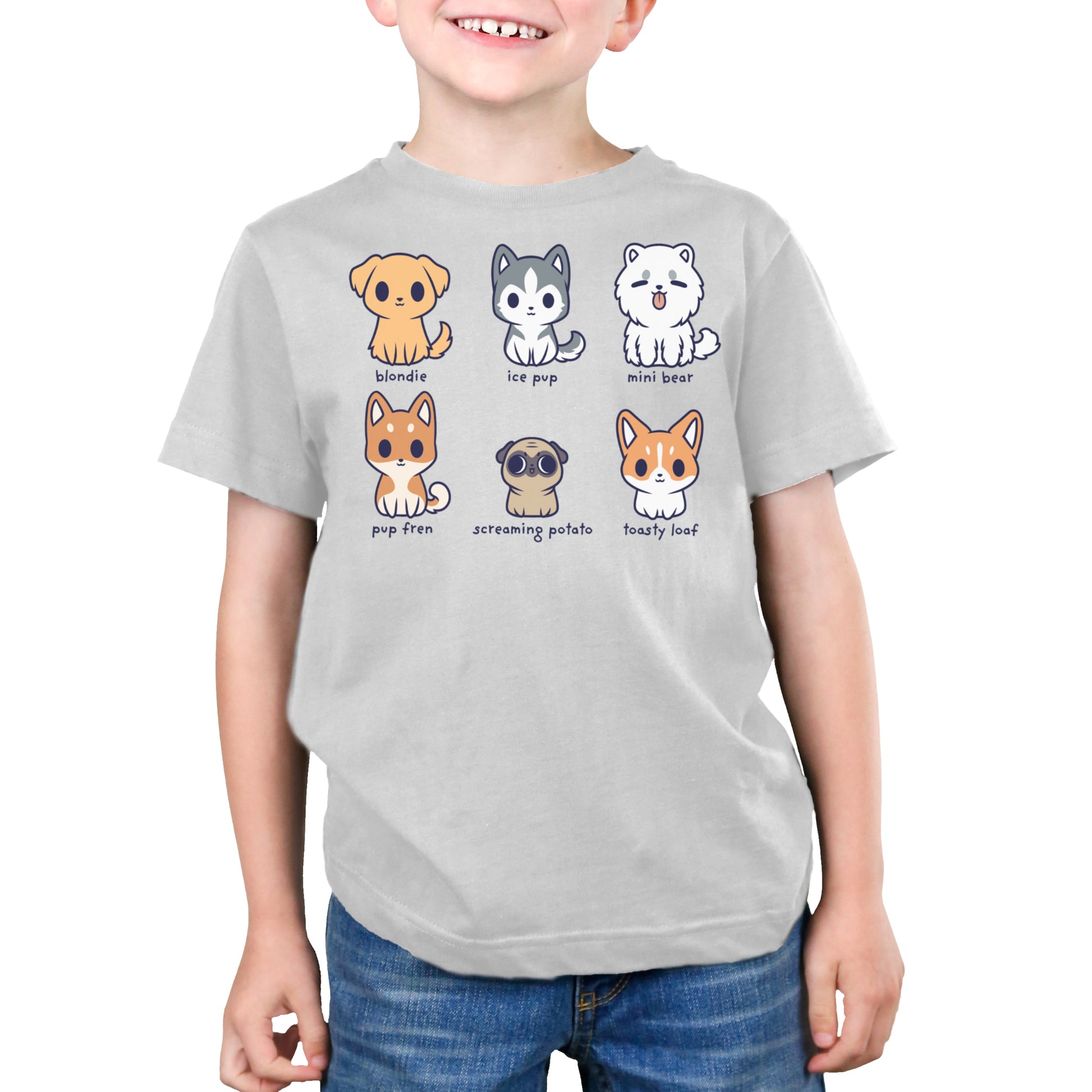 Premium Cotton T-shirt_TeeTurtle Dog Names silver gray t-shirt featuring six cartoon dogs with their names written underneath. The names are "blondie, ice pup, mini bear, pup fren, screaming potato, and toasty loaf."