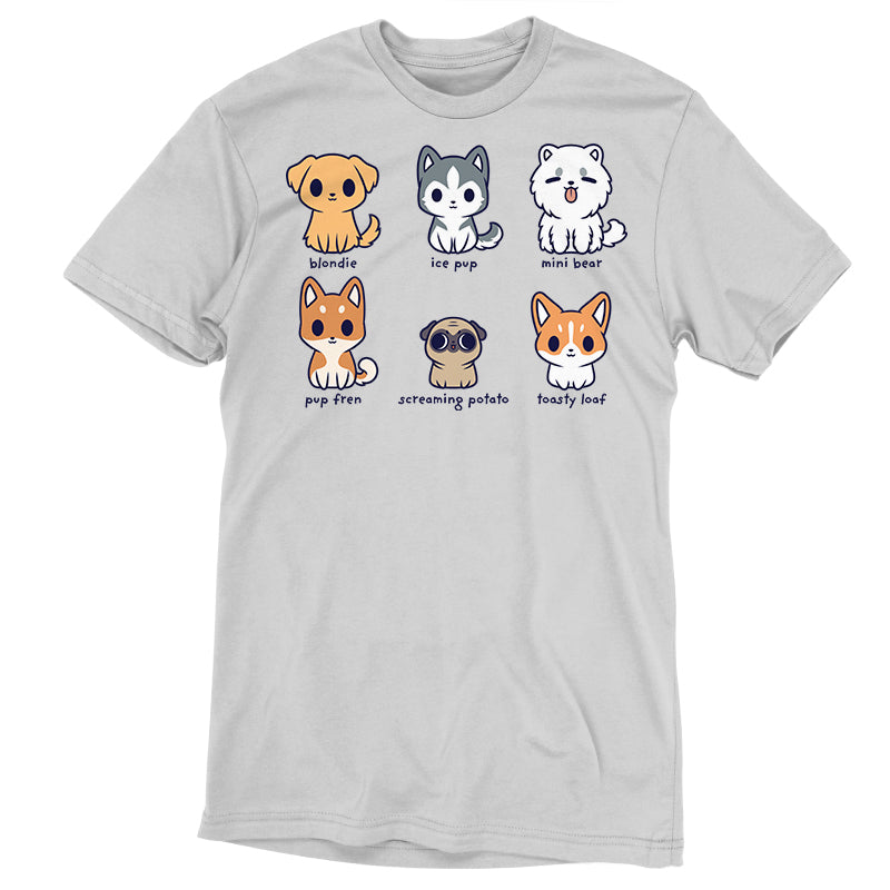 Premium Cotton T-shirt_TeeTurtle Dog Names silver gray t-shirt featuring six cartoon dogs with their names written underneath. The names are "blondie, ice pup, mini bear, pup fren, screaming potato, and toasty loaf."