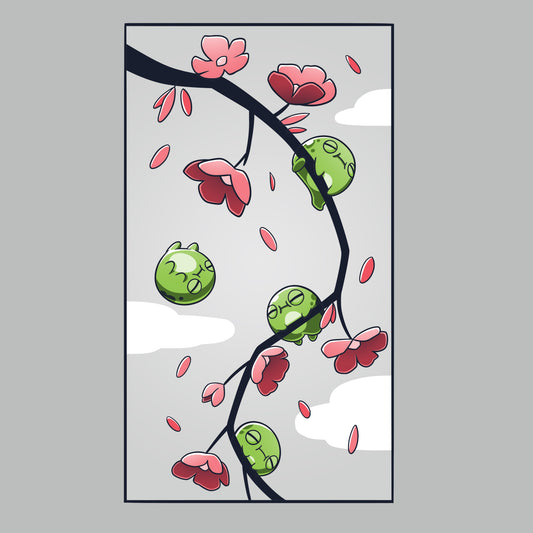 Premium Cotton T-shirt_TeeTurtle Cherry Blossom Frogs silver gray t-shirt featuring three three cartoon frogs sleeping on a cherry blossom branch and one frog floating while sleeping.