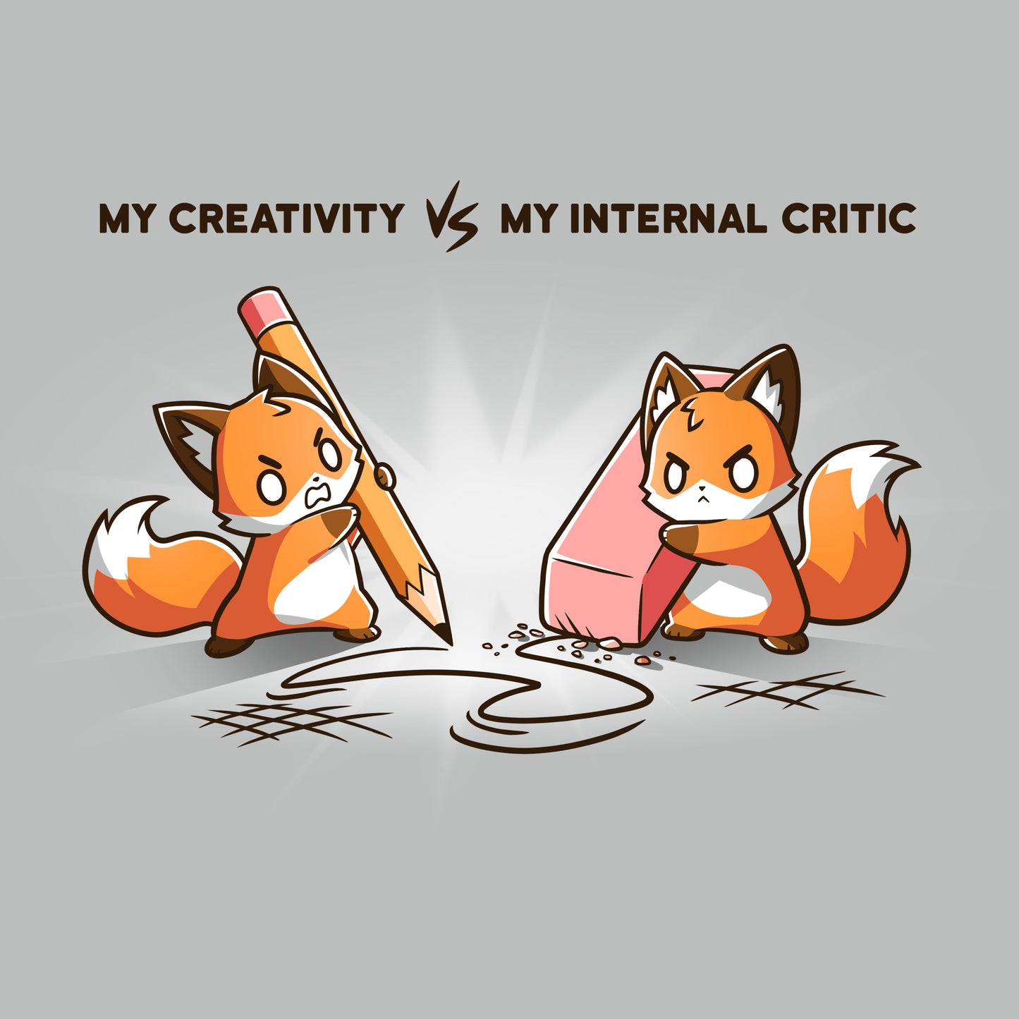 Premium Cotton T-shirt_TeeTurtle Creativity vs Critic silver gray t-shirt featuring a fox drawing with a pencil and another fox holding an eraser erasing the pencil drawing while both looking angry at each other. "MY CREATIVITY VS MY INTERNAL  CRITIC"  is written on top. 