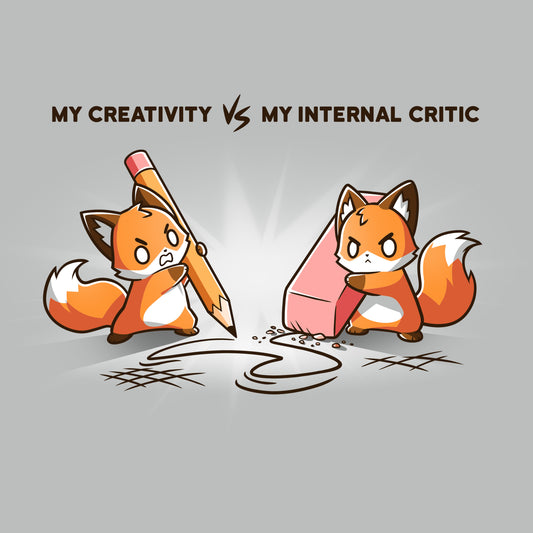 Premium Cotton T-shirt_TeeTurtle Creativity vs Critic silver gray t-shirt featuring a fox drawing with a pencil and another fox holding an eraser erasing the pencil drawing while both looking angry at each other. 