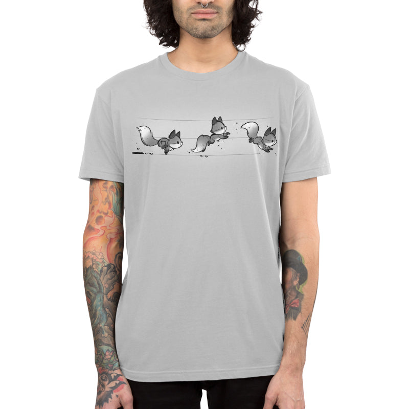 Premium Cotton T-shirt_TeeTurtle See Fox Run silver gray t-shirt featuring 3 gray cartoon foxes running in a line. 